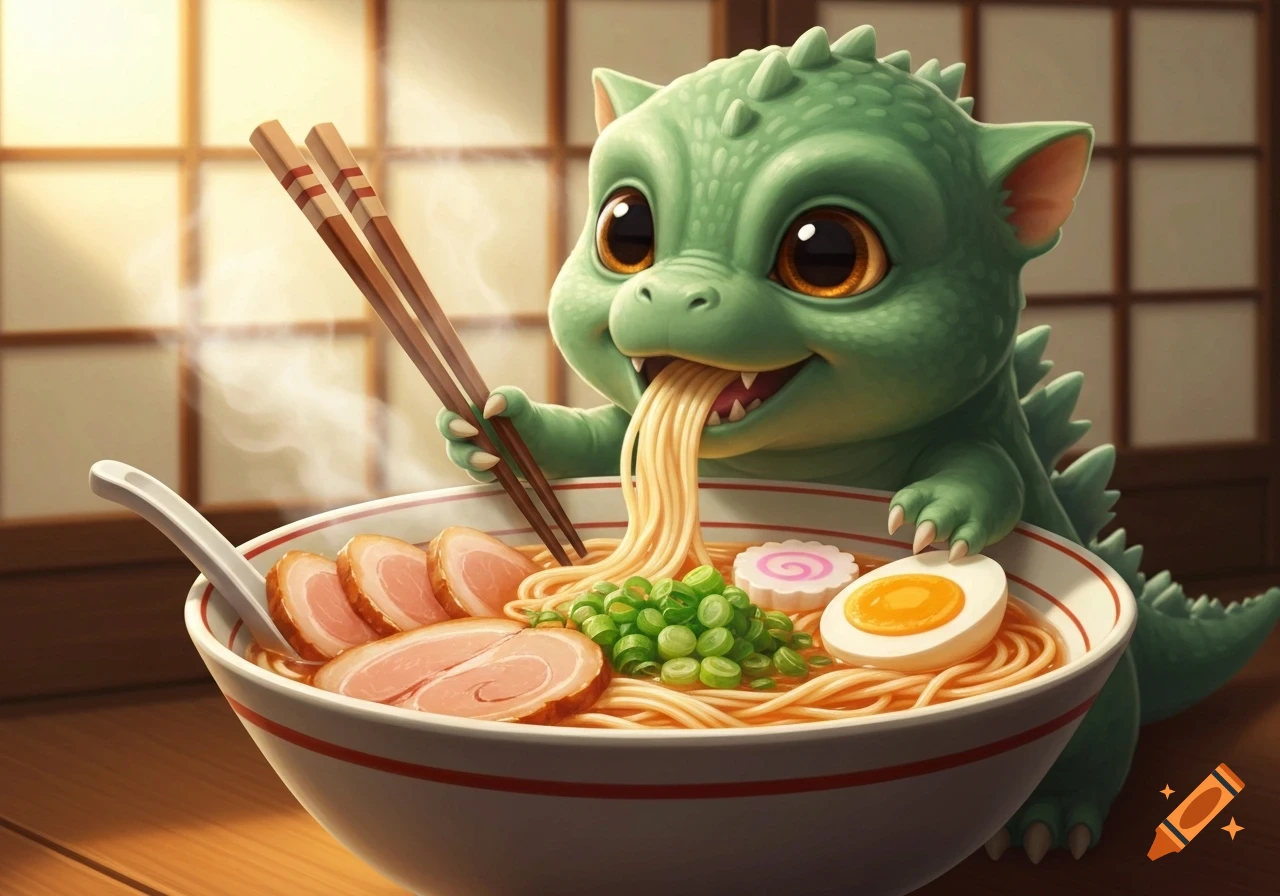 A cute, green baby Godzilla happily slurps Japanese ramen noodles from a large bowl with chopsticks, set against a warm indoor background.