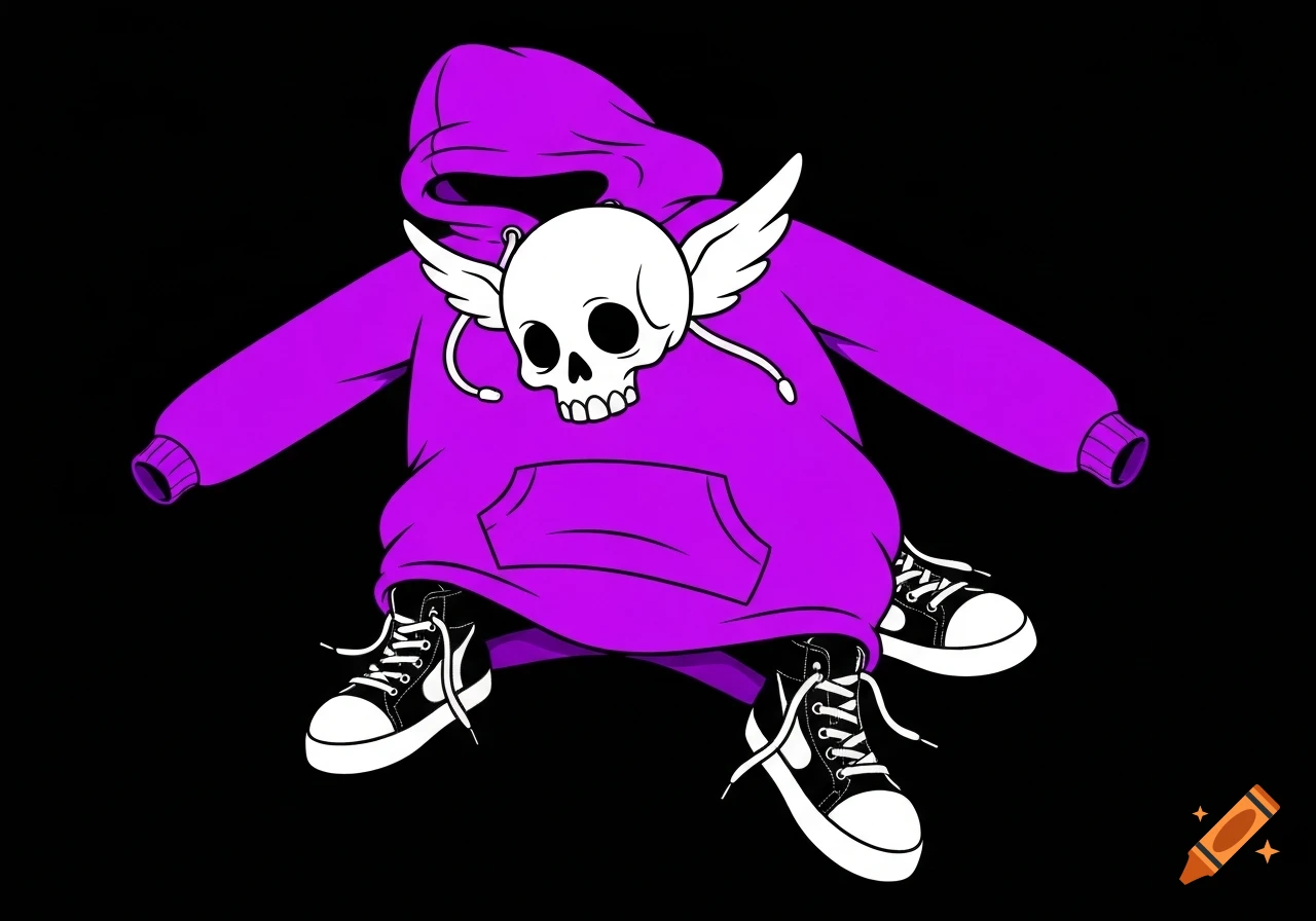 A cartoon illustration of a white winged skull on a purple hoodie with black and white high-top sneakers, against a black background.