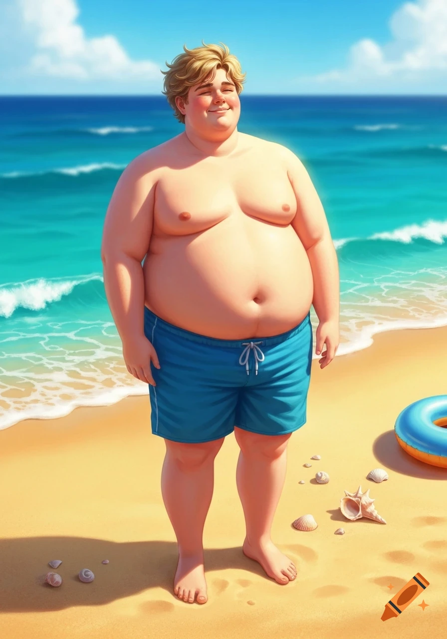 A smiling, chubby blonde man in blue swim shorts stands on a sunny beach with the ocean behind him and seashells nearby, in a digital illustration.