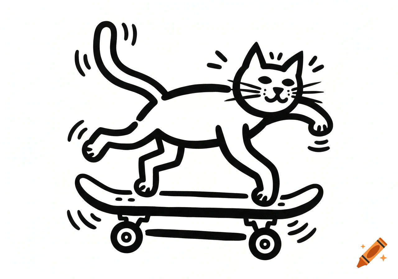 A black and white illustration of a cat on a skateboard in a Keith Haring style.