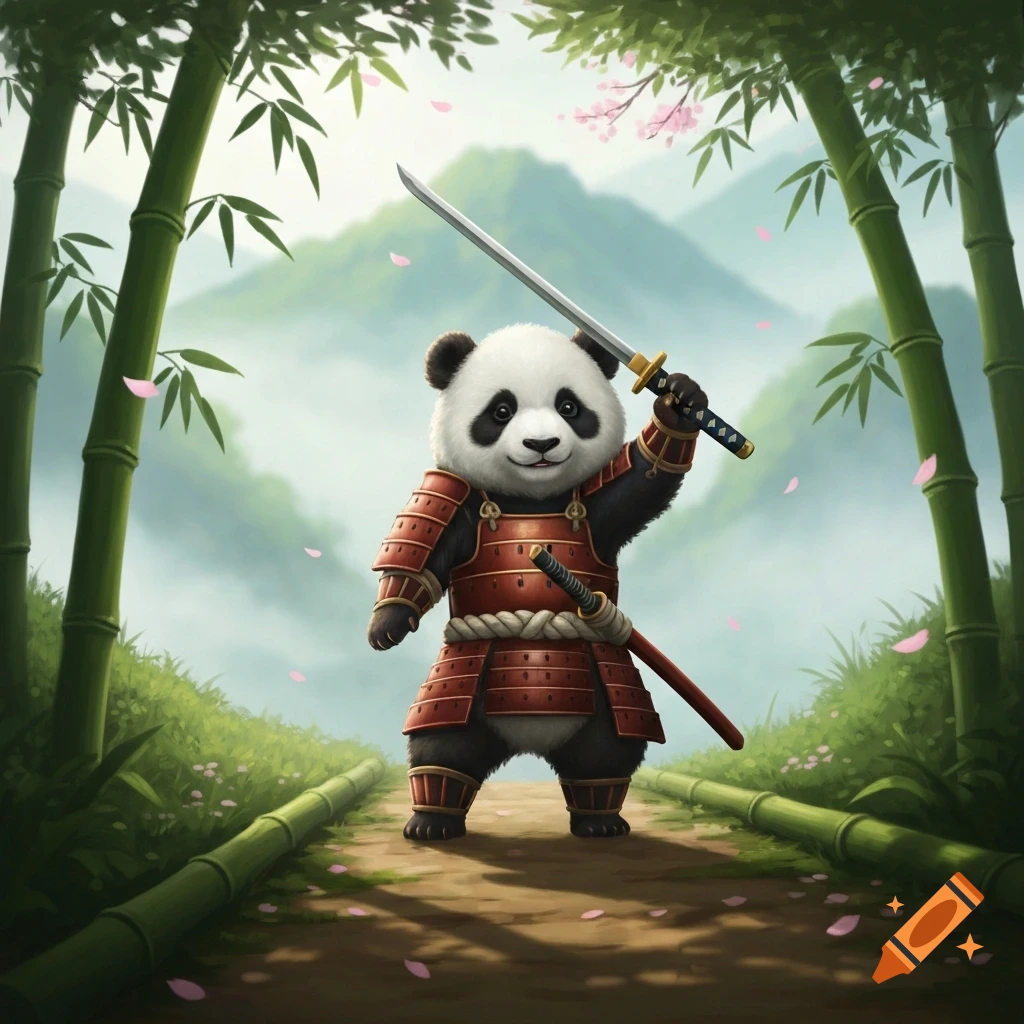 A cute panda samurai in red armor holds a katana, standing on a path in a bamboo forest with falling pink petals.