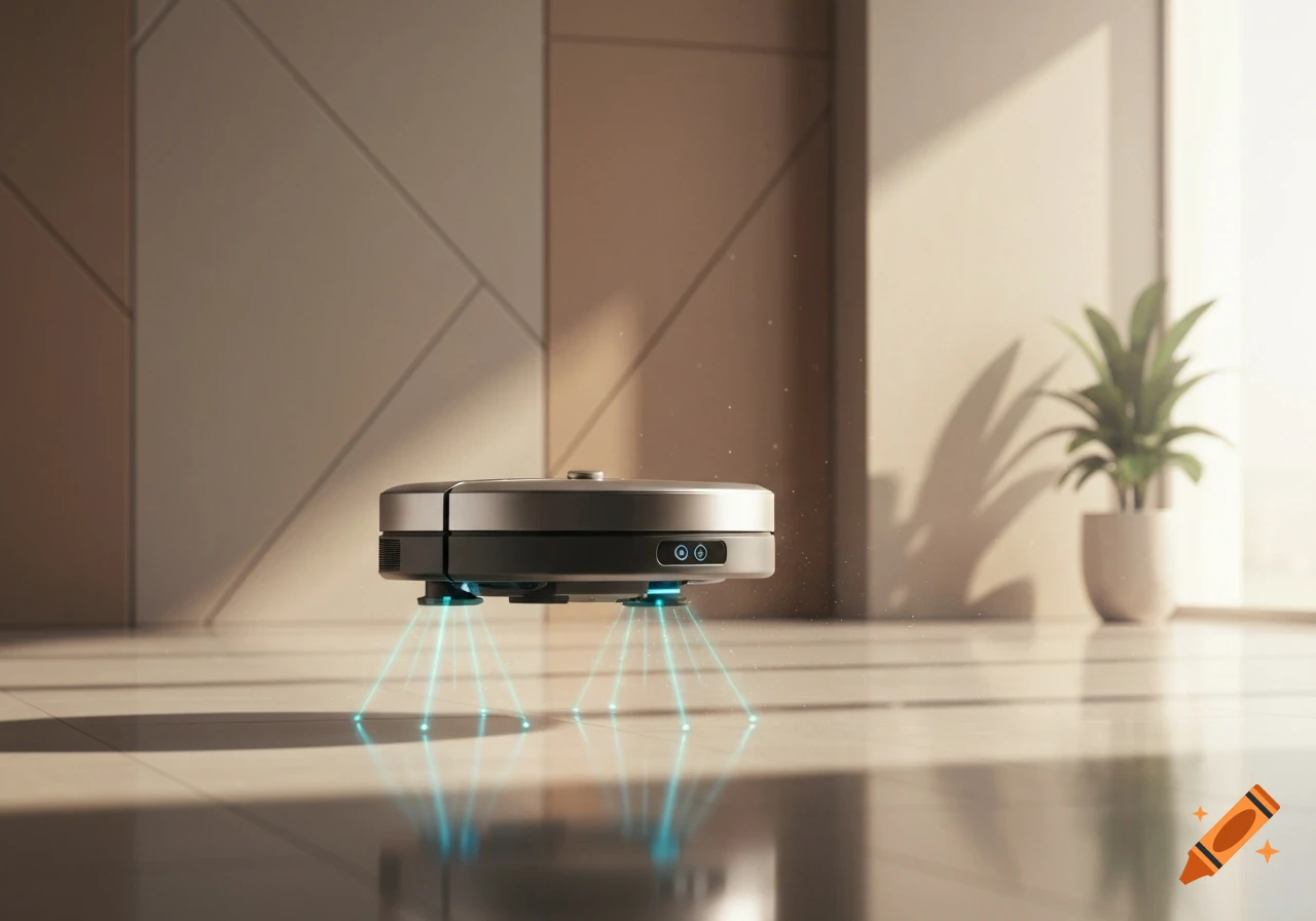 A sleek, dark robot vacuum cleaner hovers above a reflective floor with blue light beams in a modern, sunlit room with a plant.