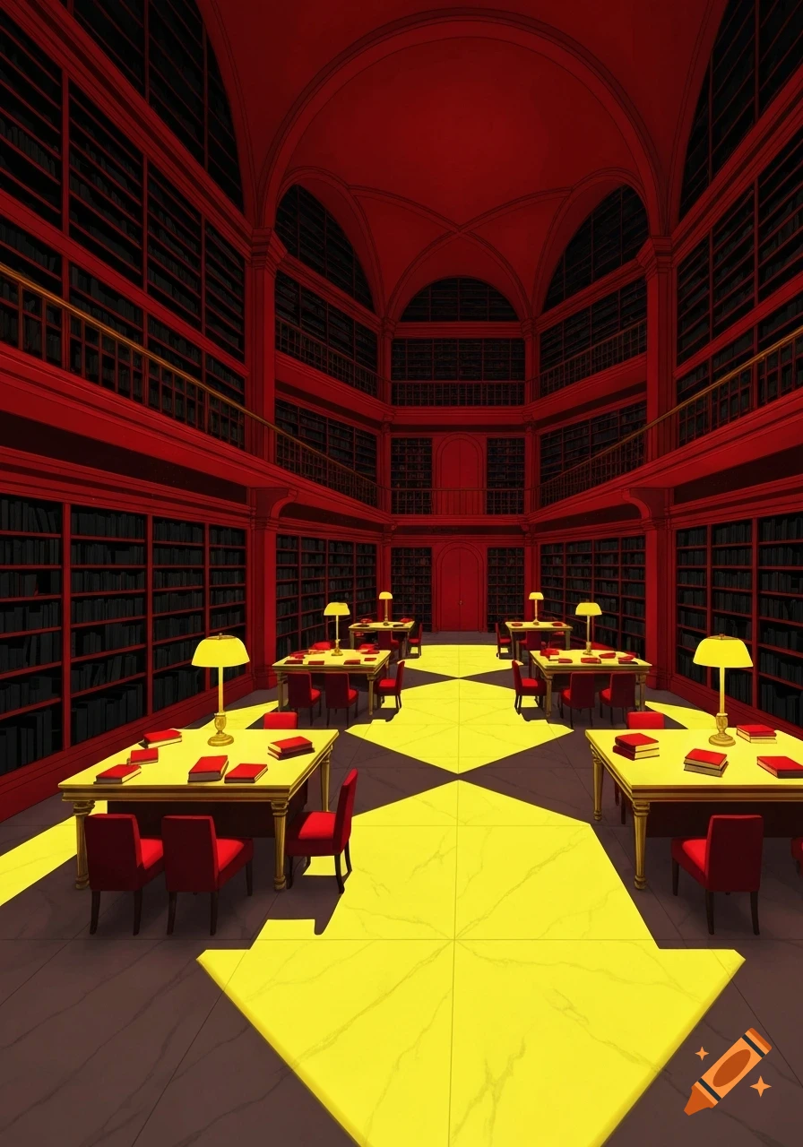 A stylized library interior with red walls, black bookshelves, yellow tables with red books, and arrow-shaped yellow light patterns on the floor.