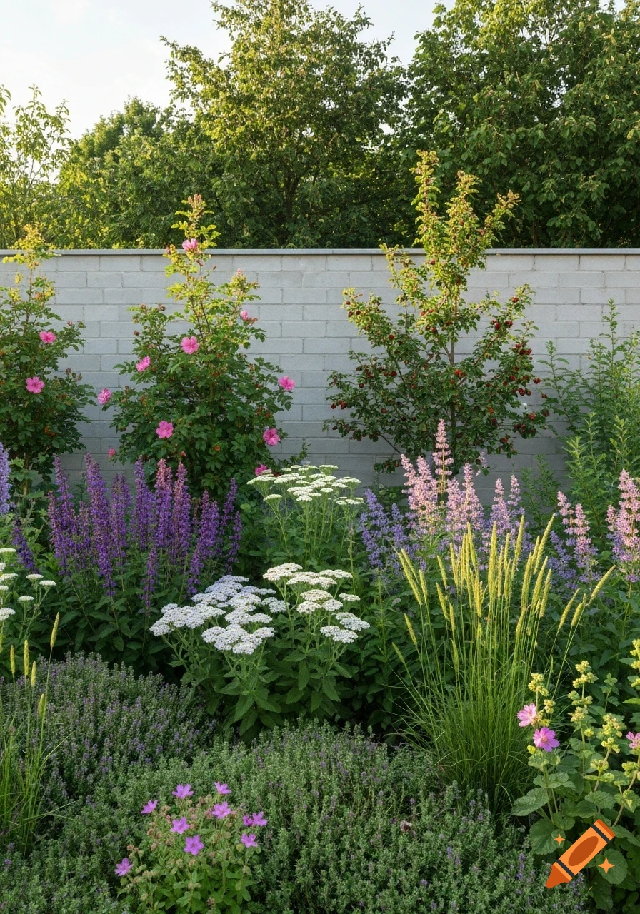 A vibrant garden featuring purple, white, and pink flowers and green foliage in front of a light gray brick wall with trees.
