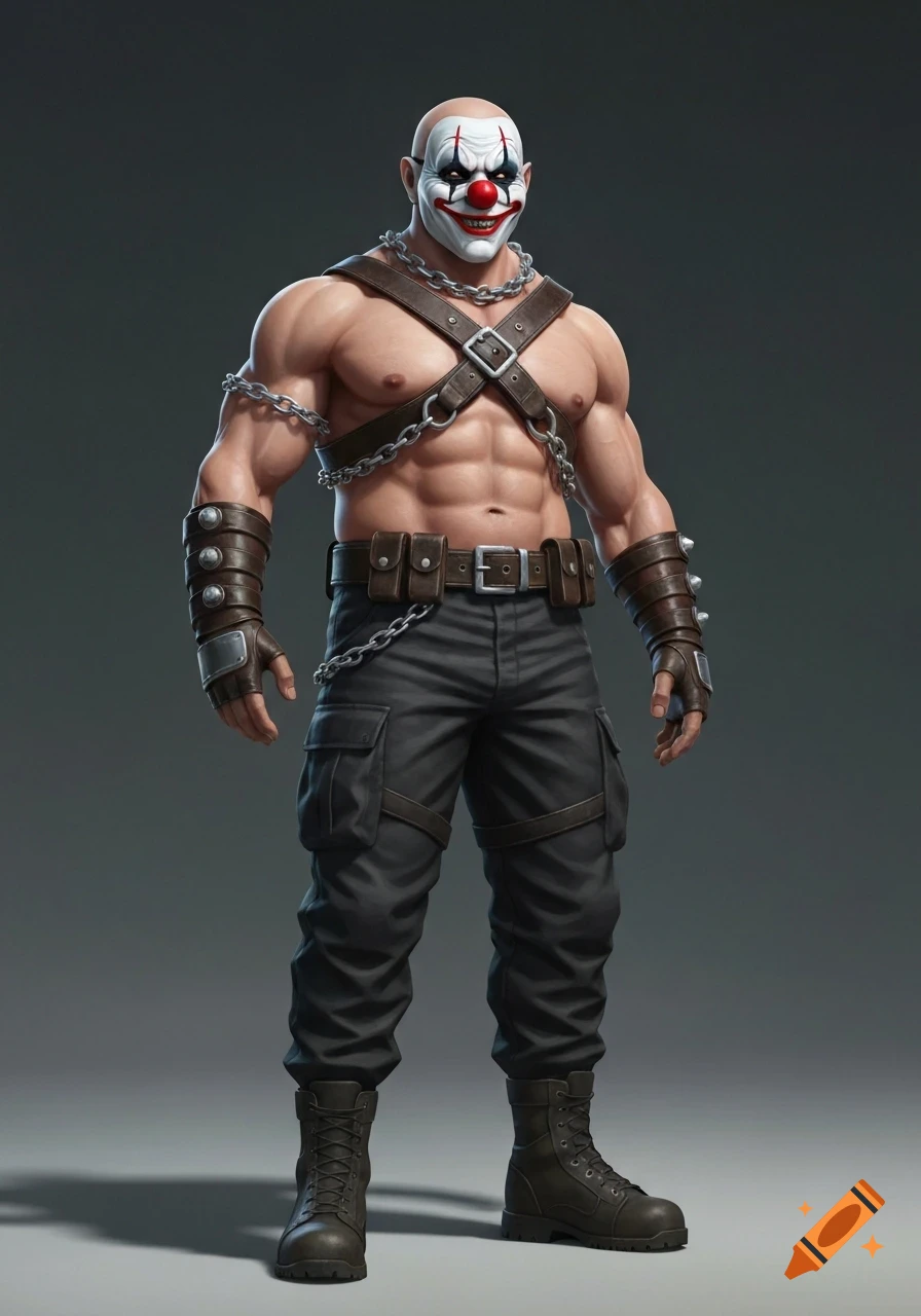 A bald, muscular man in a white clown mask, leather straps, chains, dark tactical pants, and boots. Realistic video game character style.