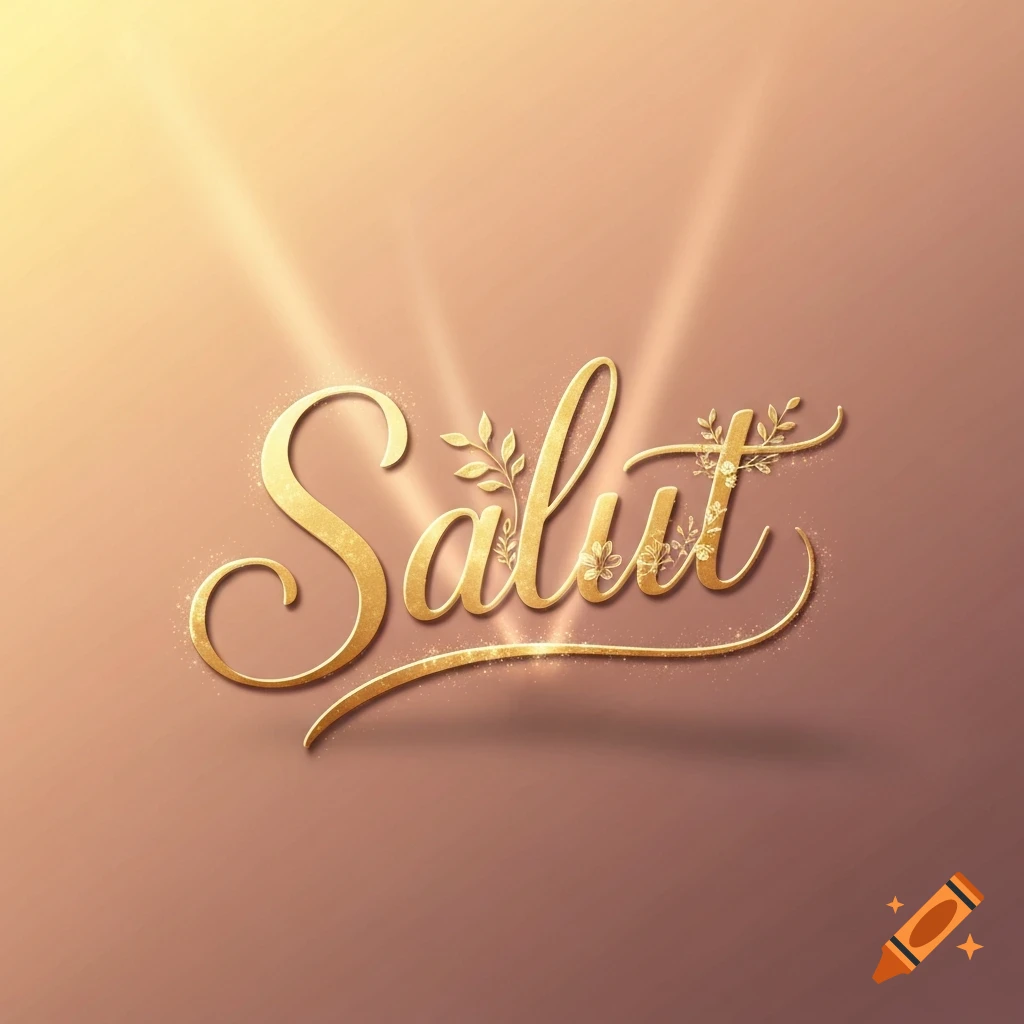 Ornate golden script spelling 'Salut' with leafy accents on a warm, glowing background.