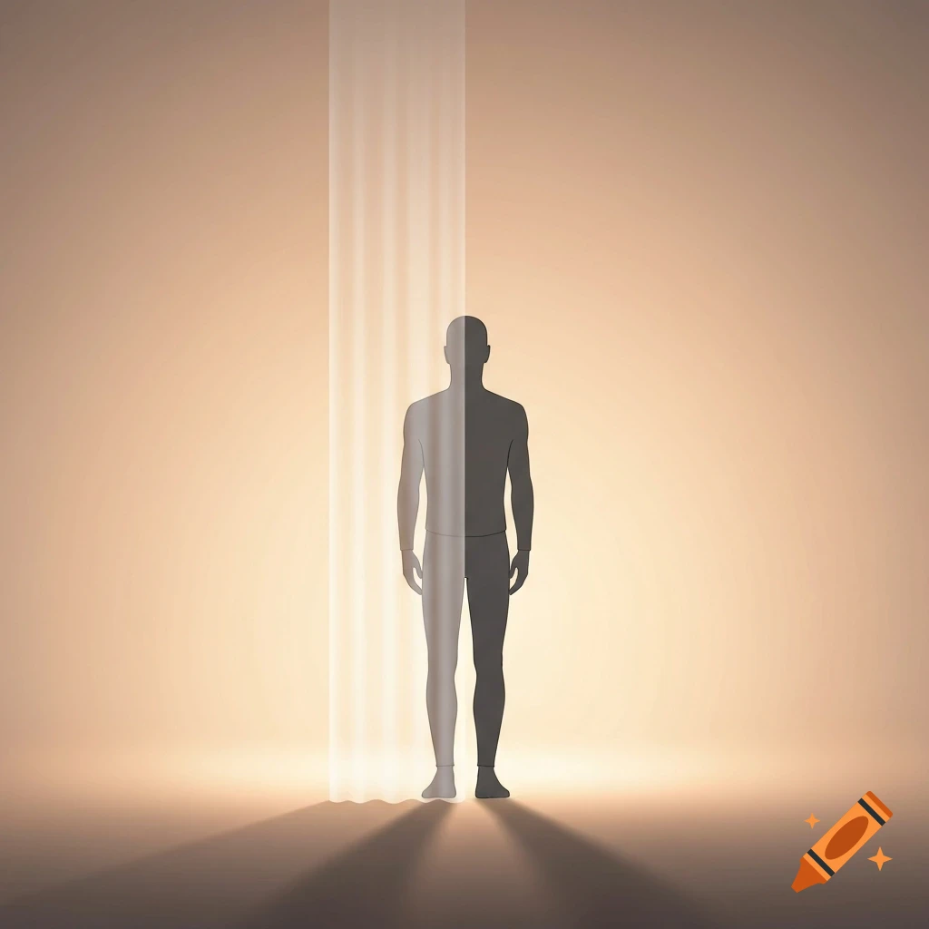 Minimalist illustration of a human silhouette partially illuminated by a vertical light beam, casting shadows, on a soft orange background.