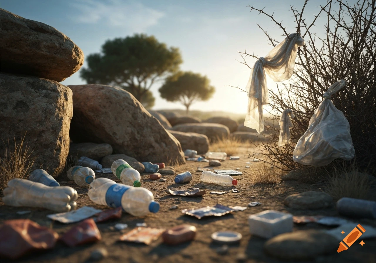 Photorealistic image of plastic trash and wrappers littering dry ground by rocks and a thorny bush under a sunny sky.