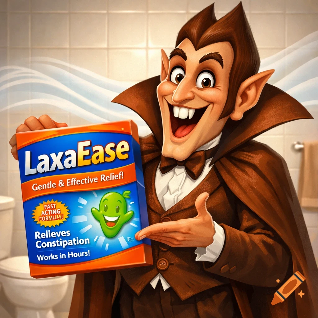 Cartoon Count Chocula-like Dracula smiles, holding up a "LaxaEase" laxative box and pointing to it in a bathroom setting.