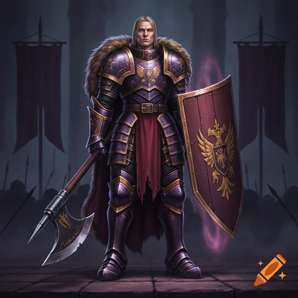 A noble knight in ornate purple and gold armor with a fur cape holds a large axe and a shield with an eagle emblem in a dark medieval fantasy setting.