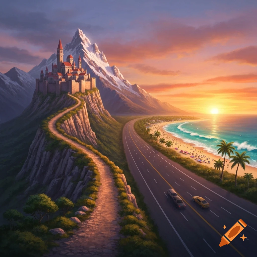 A vibrant illustration of a fairytale castle atop a mountain, a highway along a lively beach, and the ocean at sunset.
