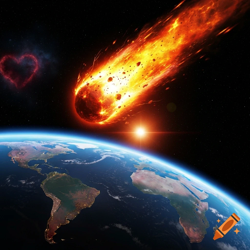 A massive, fiery meteor hurtles towards Earth, with visible continents and a faint red heart in deep space.