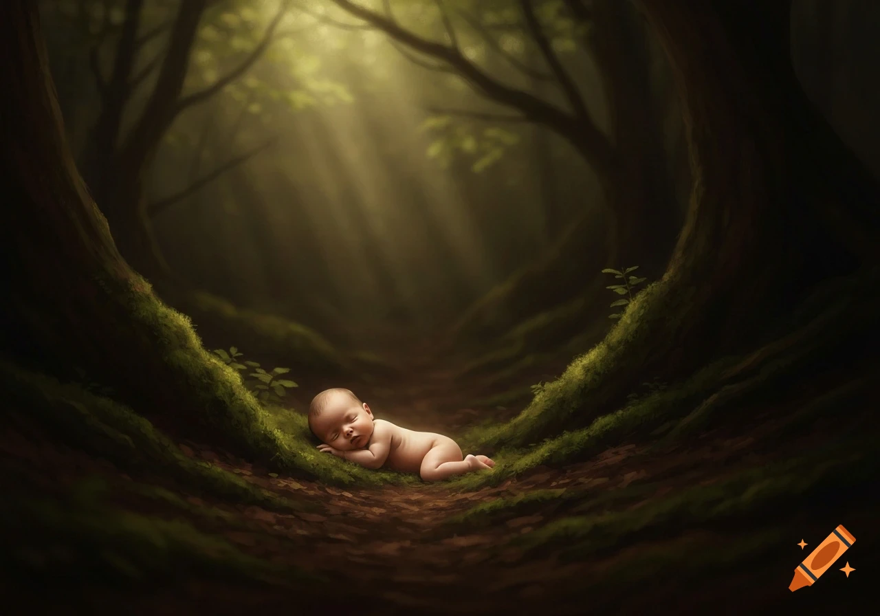 A sleeping baby on a mossy path in a deep forest with sun rays, in a painterly, dreamy style.