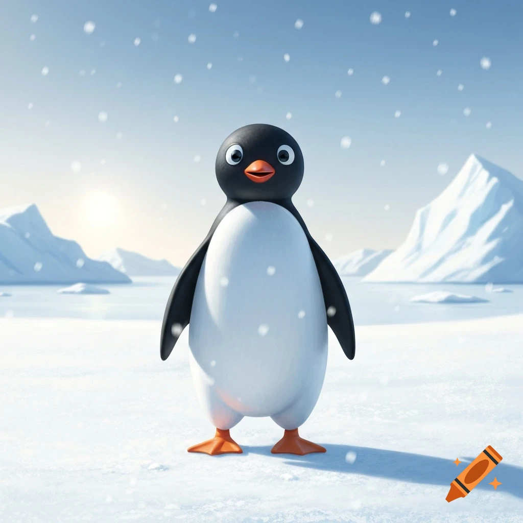 A cute cartoon penguin, Pingu, stands in a snowy arctic landscape with mountains under a light blue sky with falling snow.