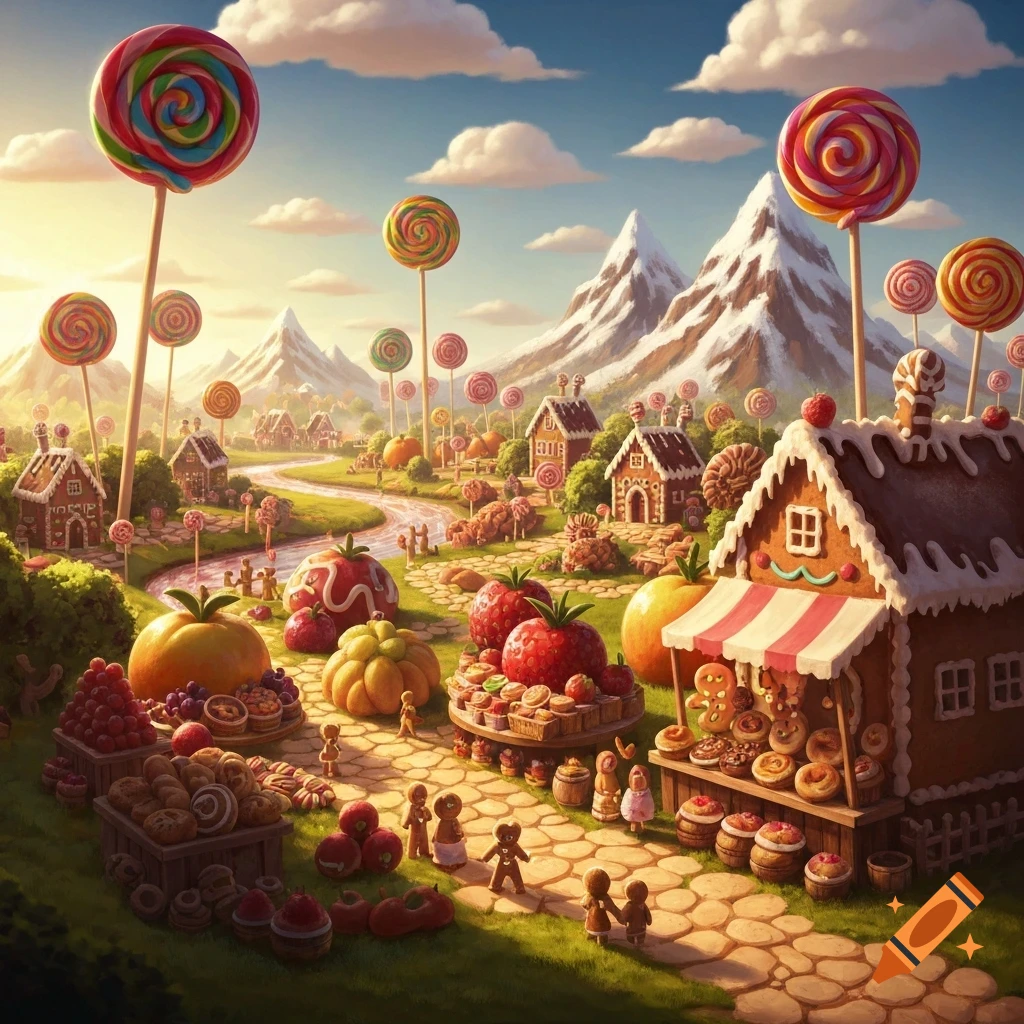 Vibrant fantasy candyland with gingerbread houses, giant lollipops, fruit, and little gingerbread people.