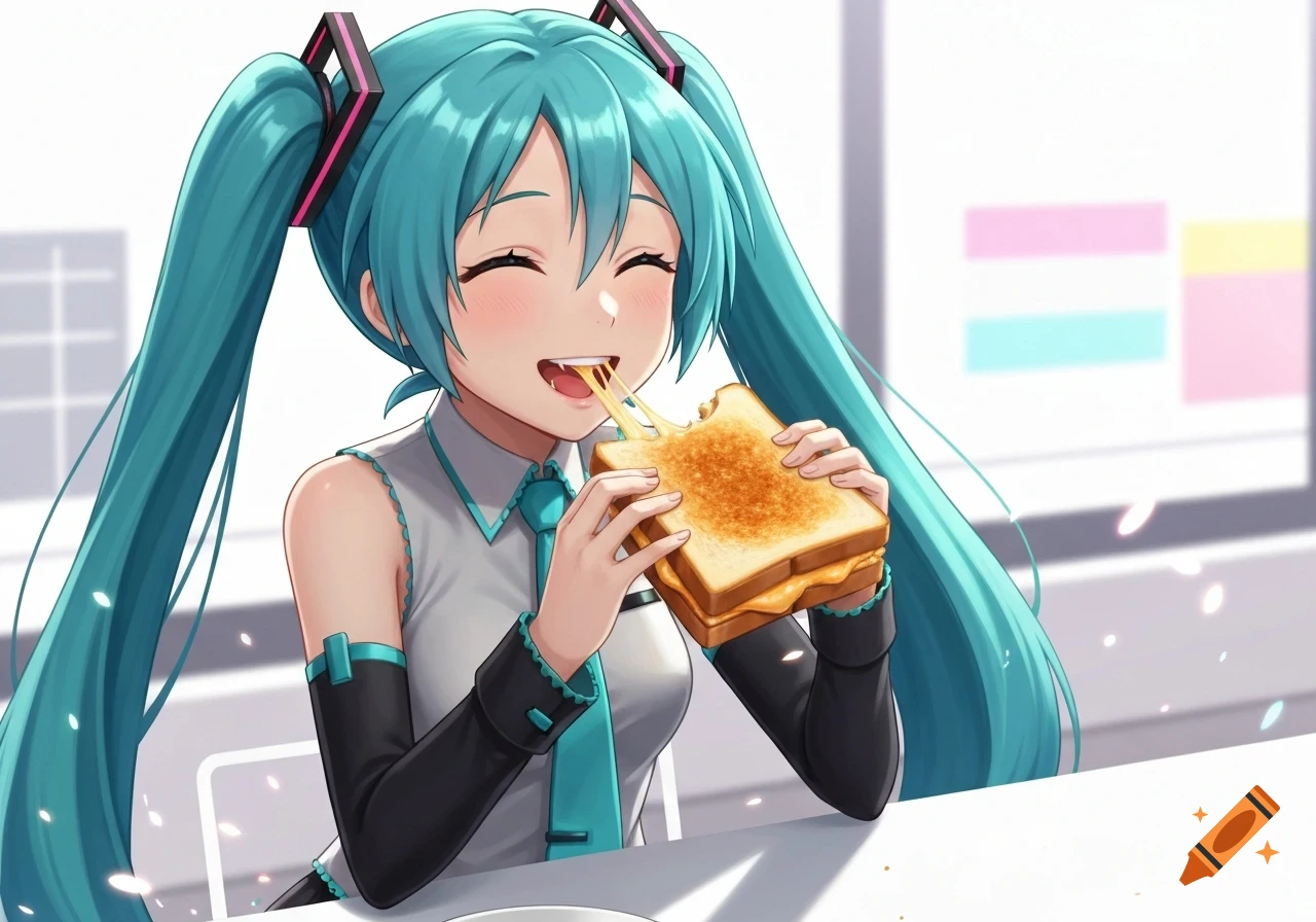 Hatsune Miku, an anime girl with teal pigtails, smiles happily while eating a cheesy grilled sandwich.
