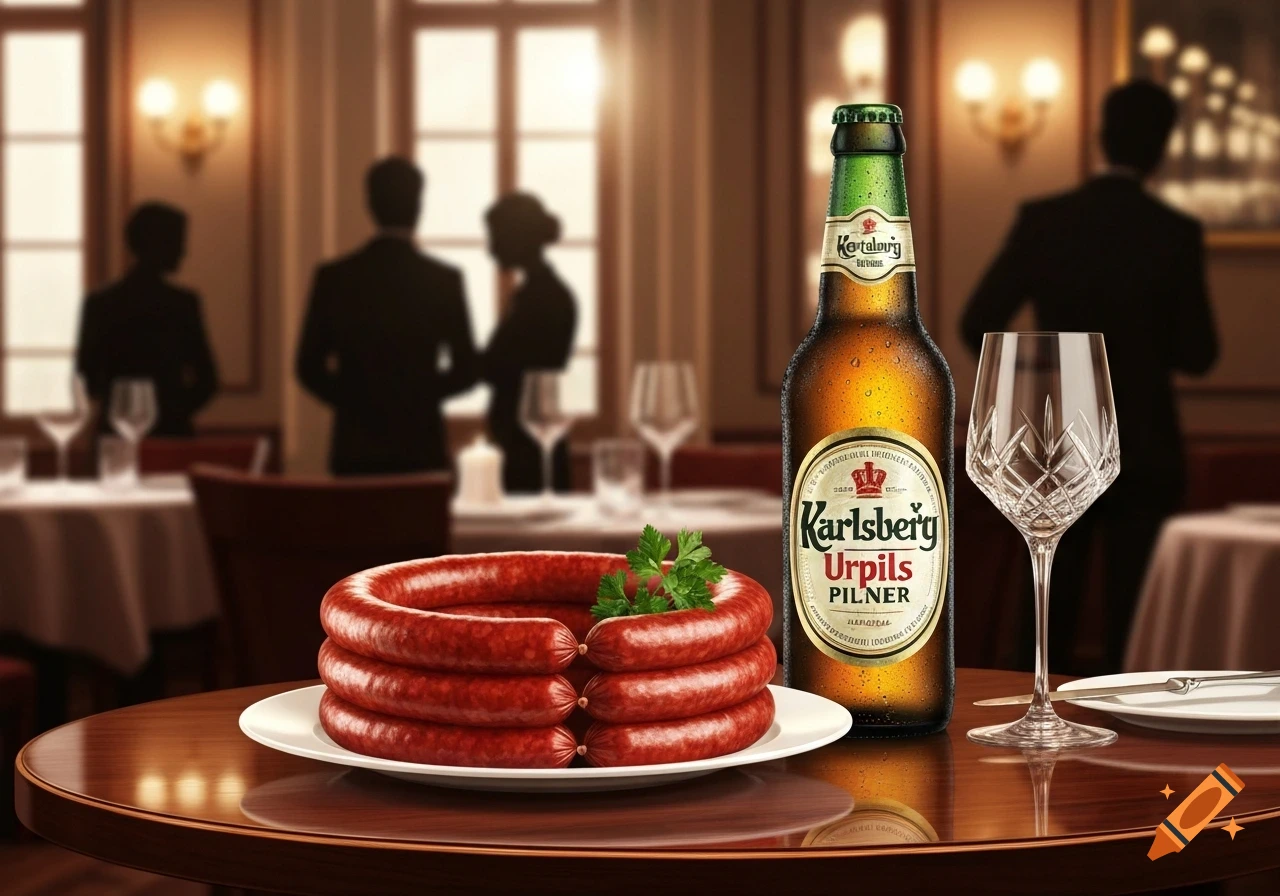 Plate of sausages, Karlsberg Urpils beer bottle, and empty glass on a restaurant table, photorealistic style.