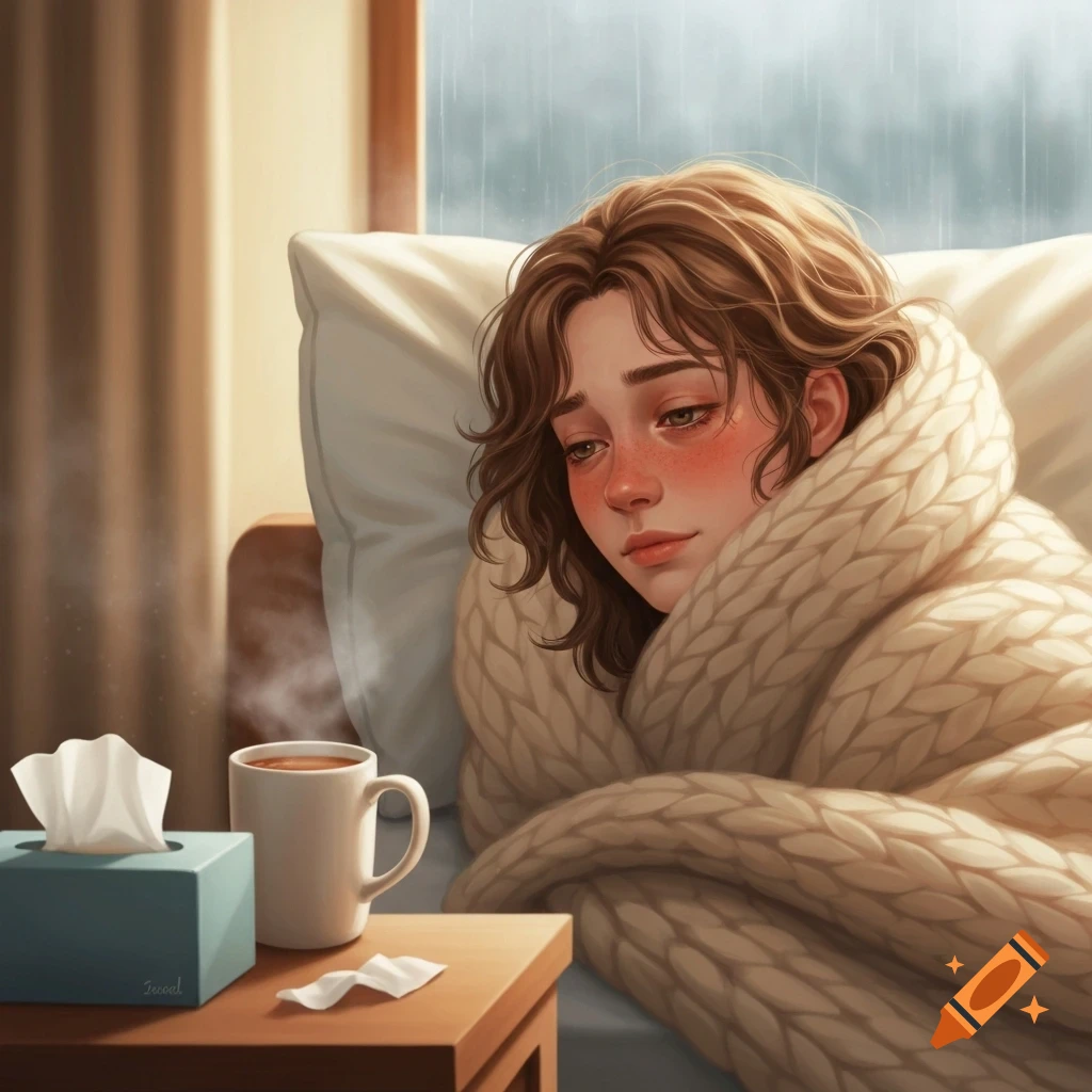 A young woman looking sick in bed, wrapped in a cozy blanket, with a hot drink and tissues by her side as it rains outside.