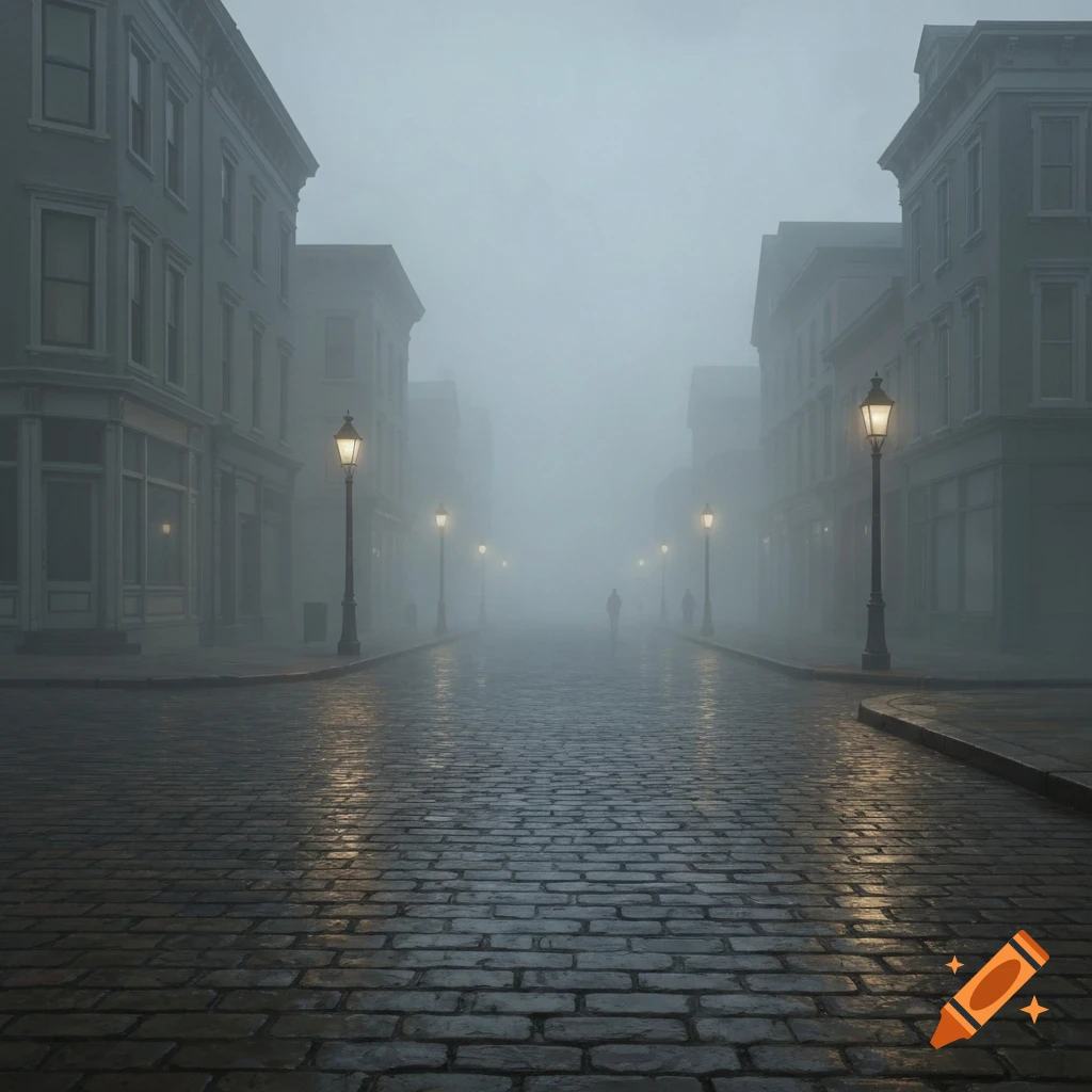 A misty, cobbled street at night lined with old buildings and gas lamps, with faint figures in the distance.