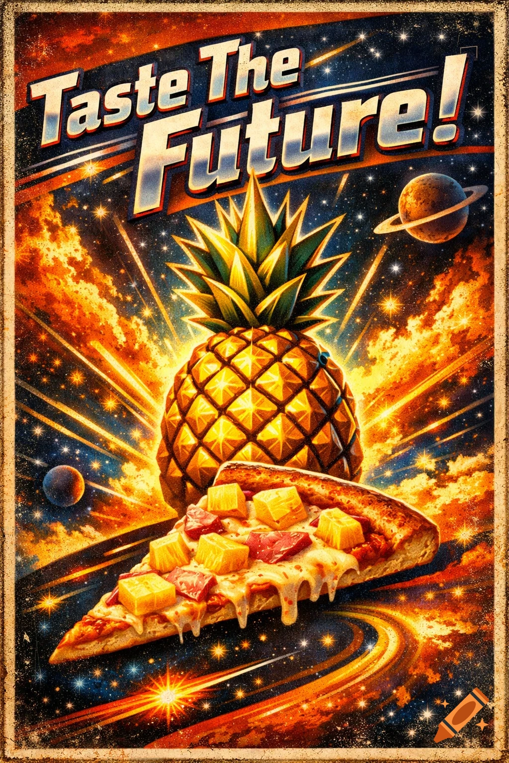 Retro-futuristic propaganda poster showing a pineapple and a slice of pineapple pizza floating in space with the text 'Taste The Future!'.