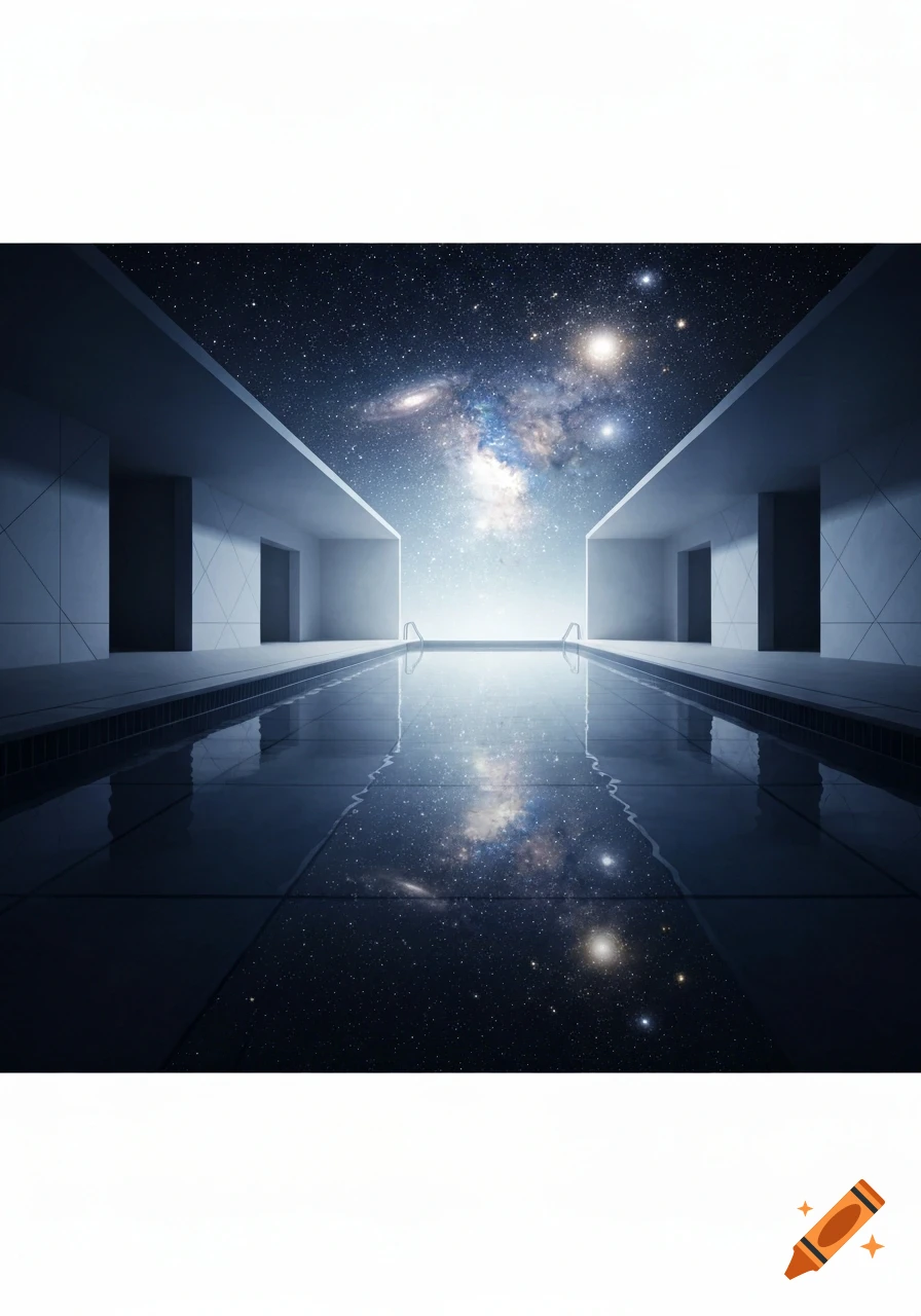 Modern architectural pool open to a starry galaxy night sky, with ...