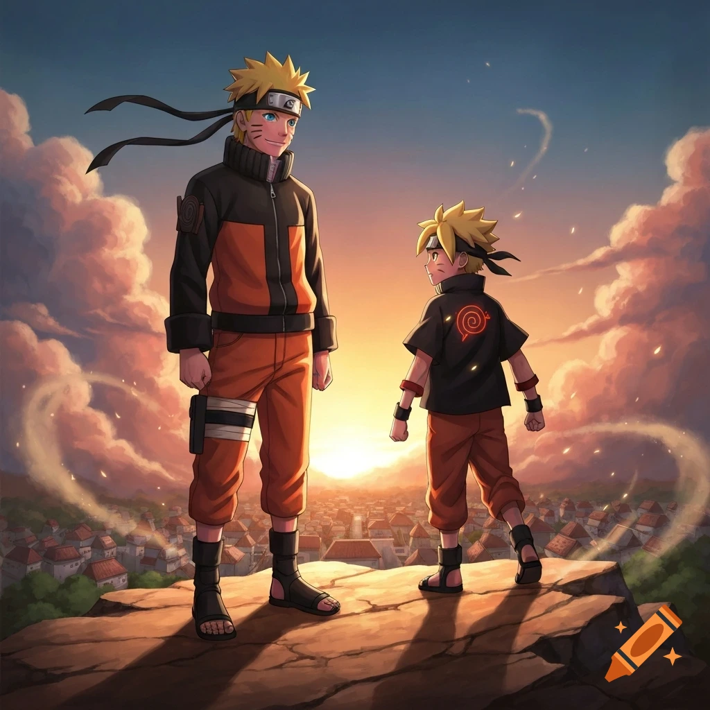 Anime characters Naruto and Boruto stand on a cliff overlooking a village at sunset, with an orange sky.