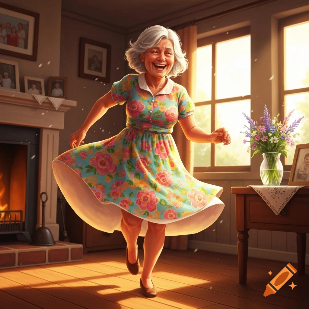 A cheerful elderly woman with grey hair dances happily in a floral dress in a warm, sunlit living room.
