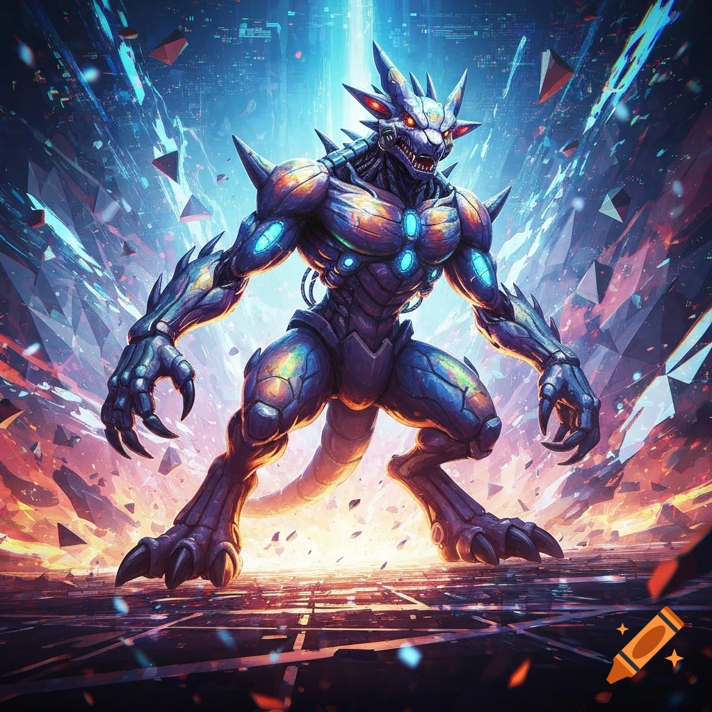 A powerful, stylized blue and orange armored creature resembling a Digimon stands in a shattered, futuristic landscape with glowing elements.