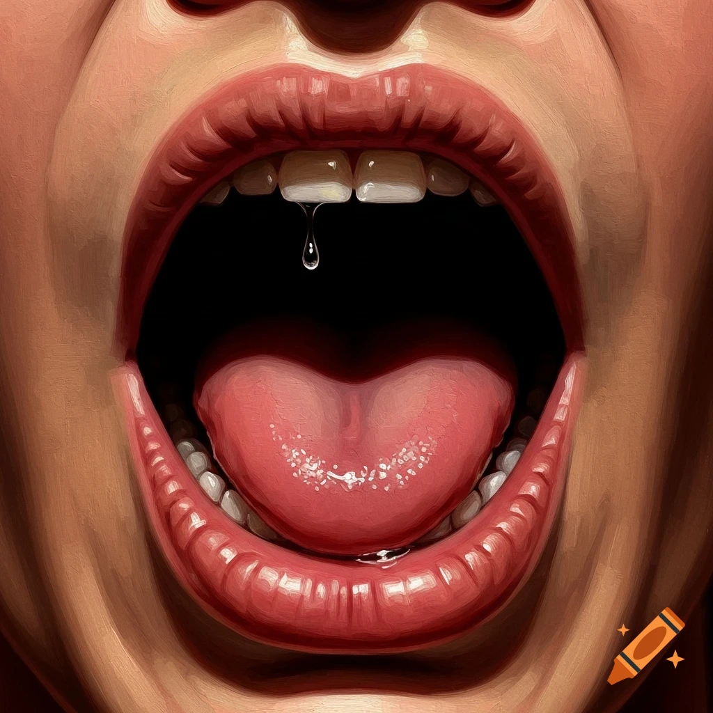 A painterly close-up of an open mouth with a tongue extended and a drop of liquid falling from the teeth.