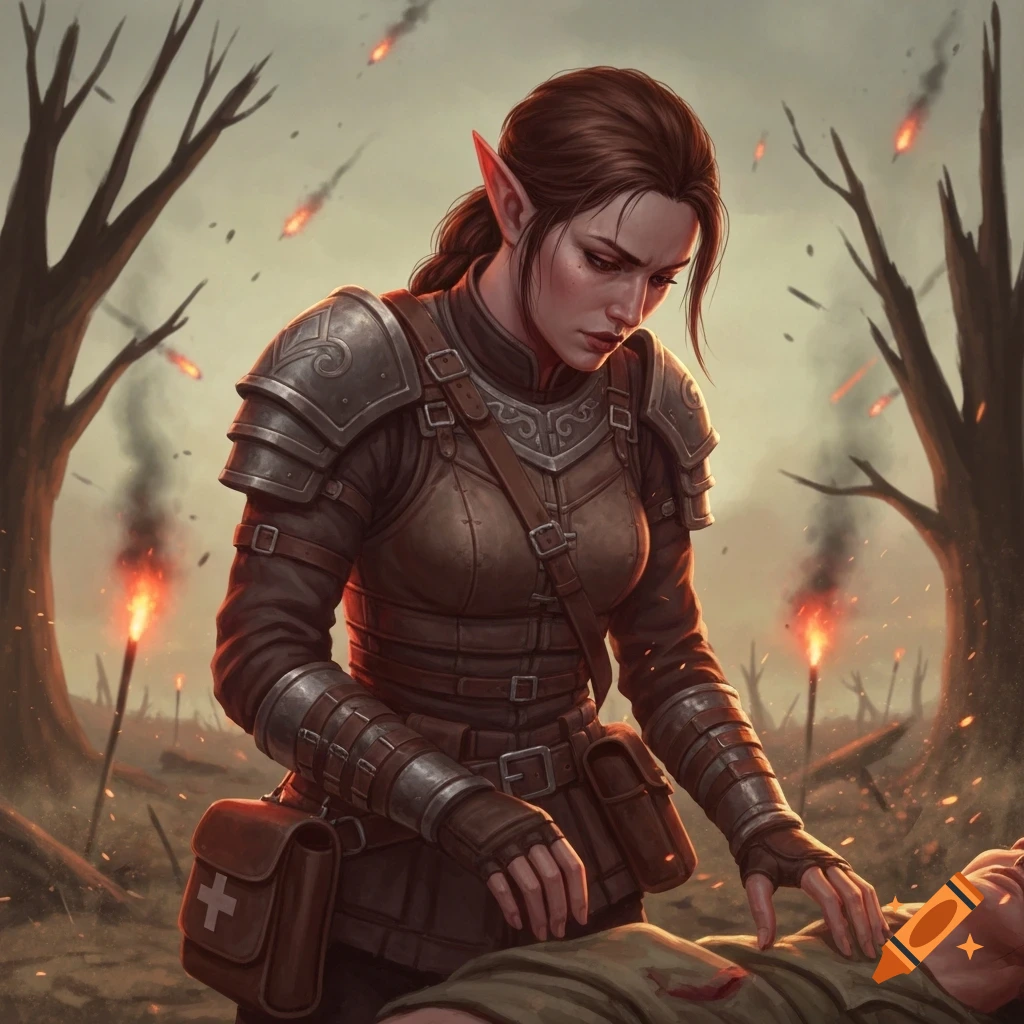 Female half-elf combat medic tends to an injured person on a fiery battlefield, digital painting.