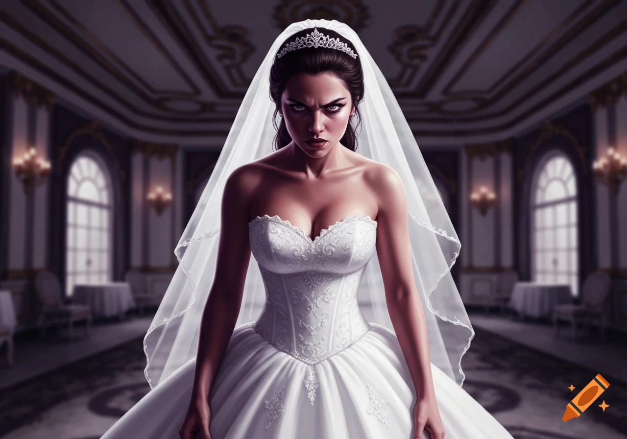 An angry bride in a white strapless wedding gown, veil, and tiara stares intensely in a grand, dimly lit hall.