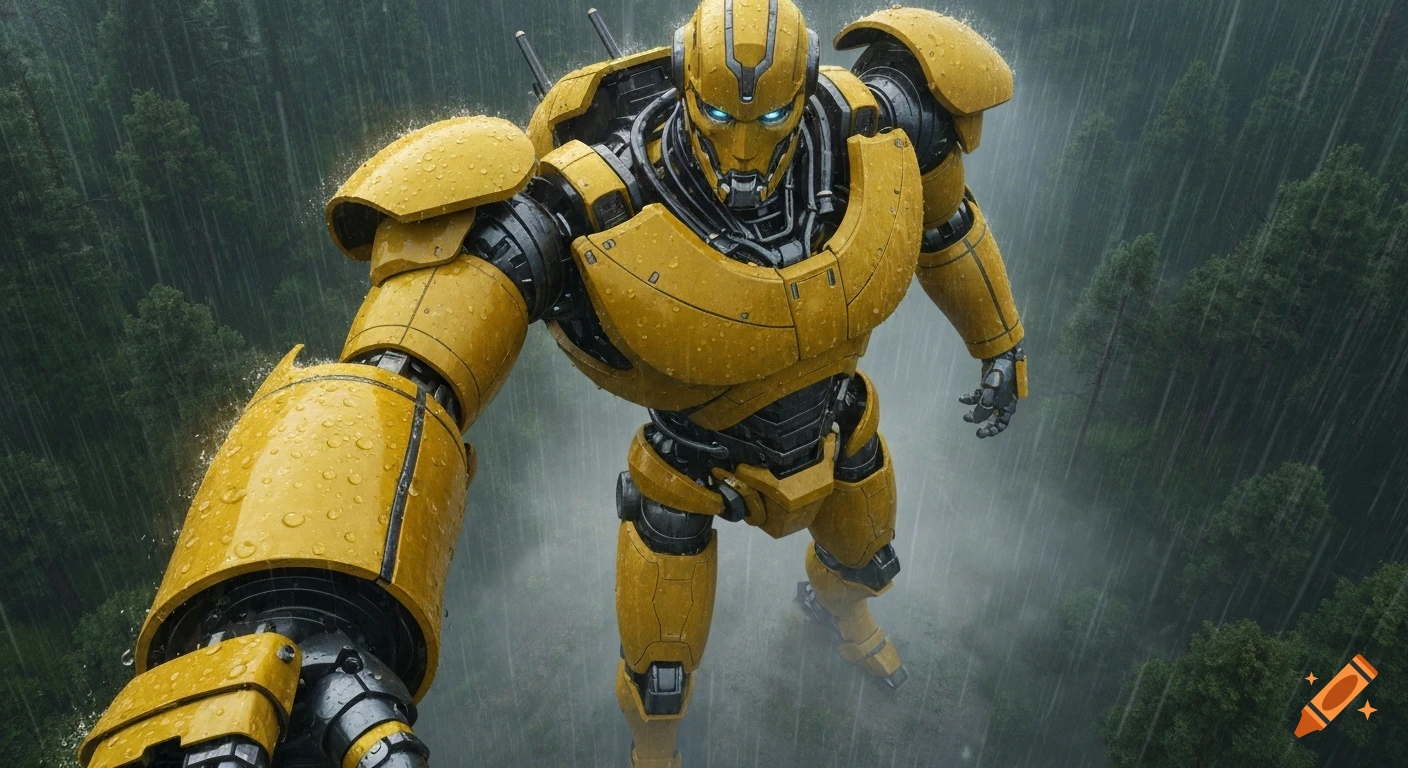 Photorealistic image of a large yellow steel robot with glowing blue eyes, standing in a rainy forest, extending its left arm towards the viewer.