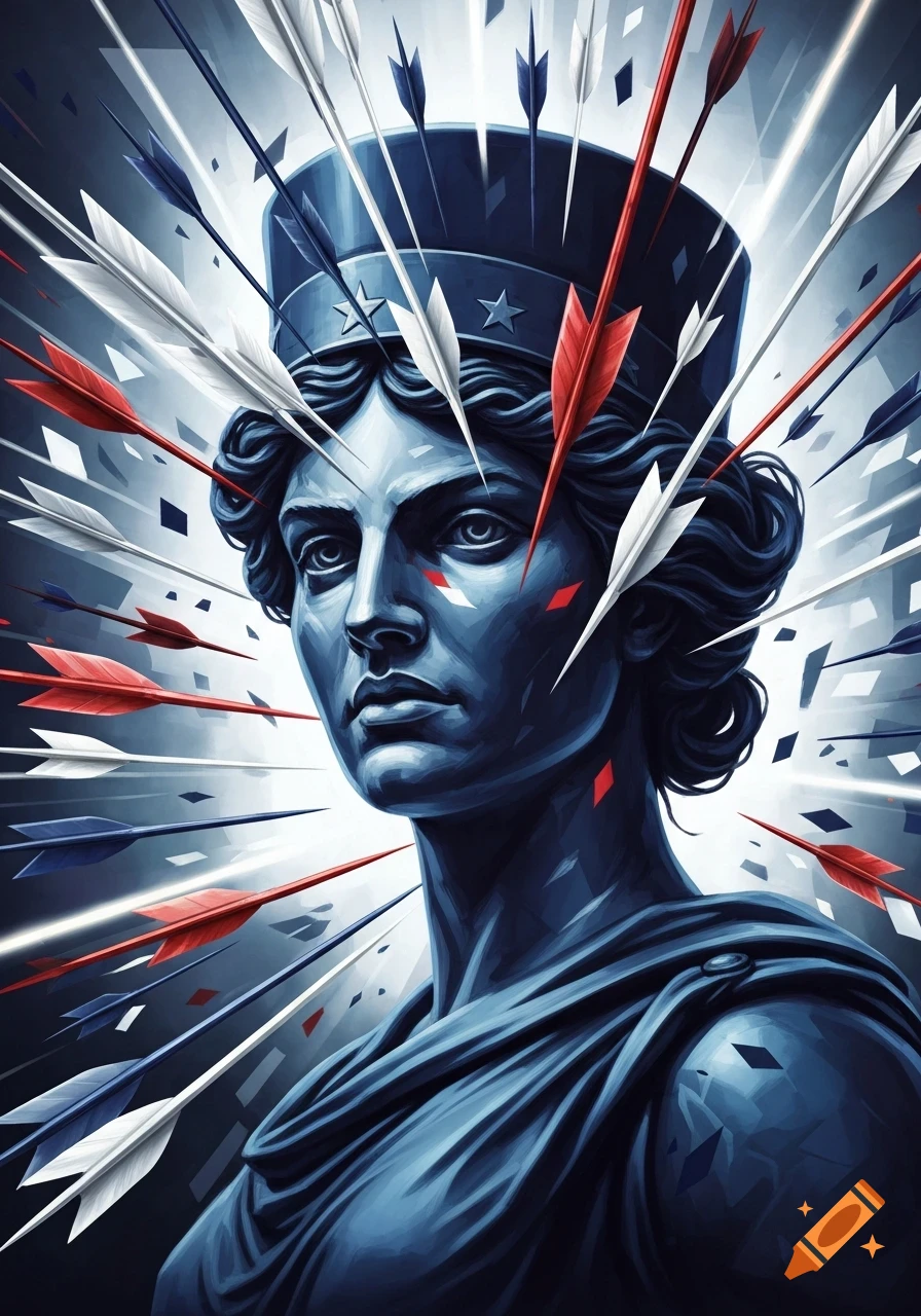 Stylized blue digital art bust of Marianne, symbol of the French Republic, surrounded by red, white, and blue arrows.