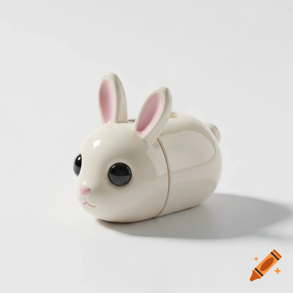 A photorealistic white bunny-shaped pencil sharpener with pink ears, black eyes, and a pink nose, on a white background.