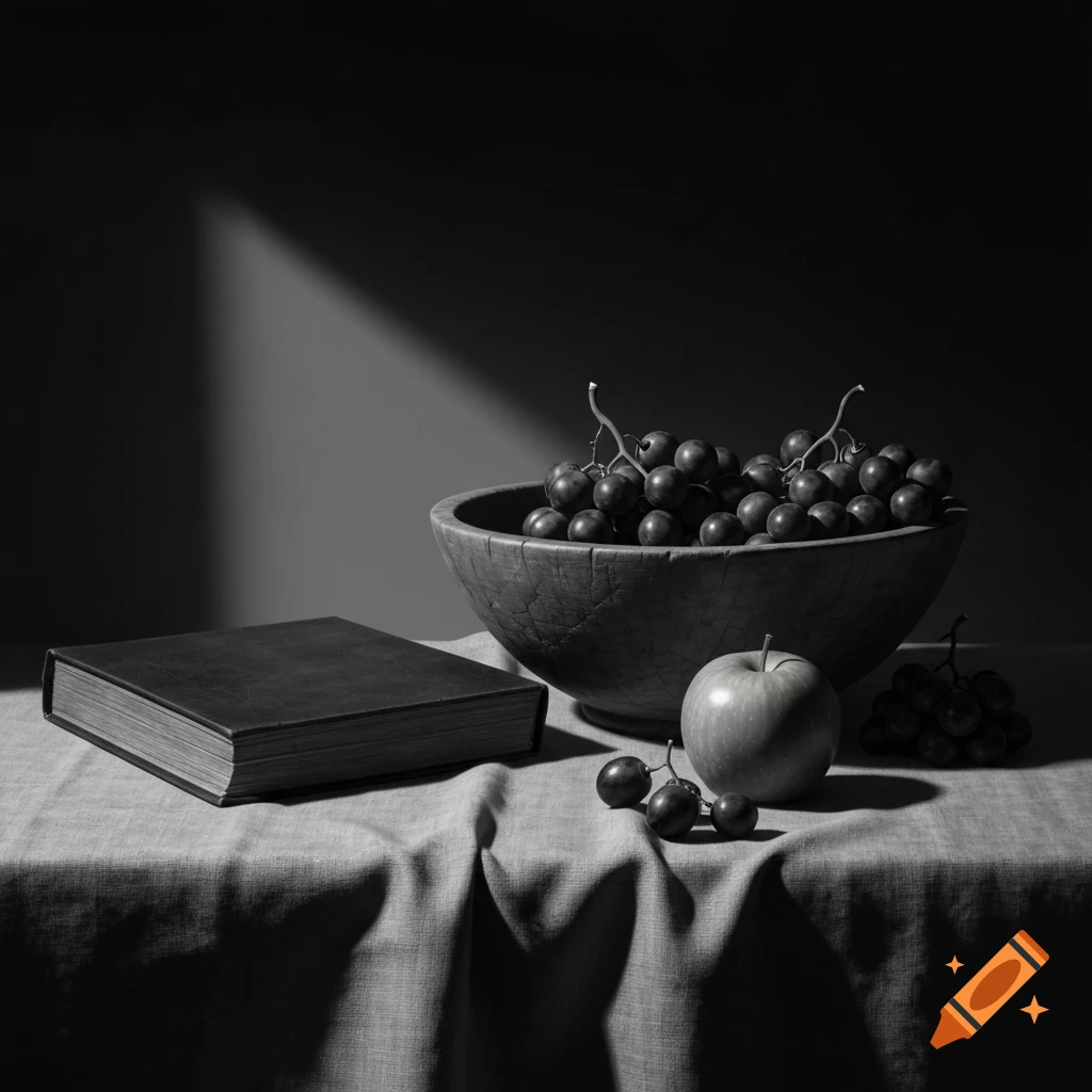 A black and white still life photograph featuring a wooden bowl of grapes, an apple, and a closed book on a draped table.