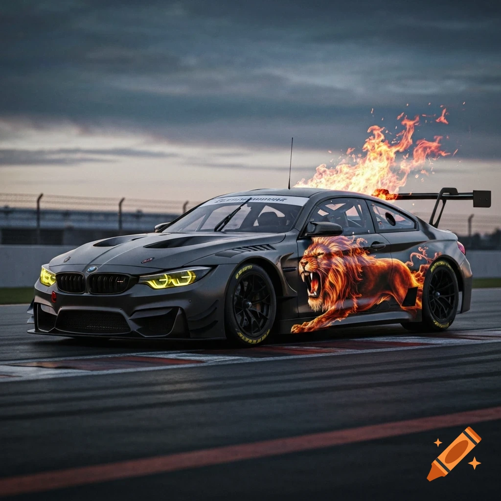 A black BMW M4 GT3 race car with a fiery orange-red lion livery on its side, flames emanating from the car, on a racetrack under a twilight sky.