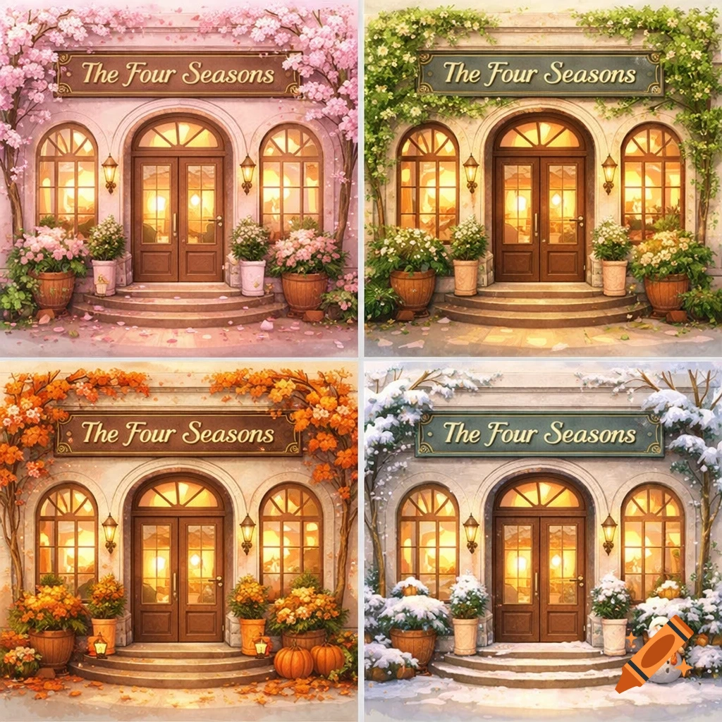 Illustration of a charming hotel storefront, 'The Four Seasons', depicted across all four seasons: spring, summer, autumn, and winter.