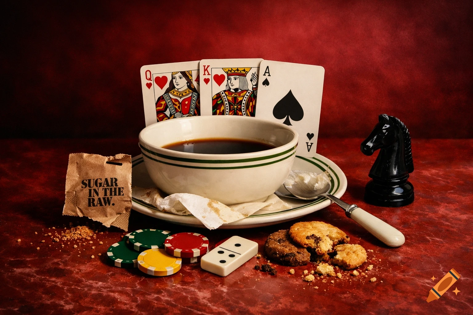 Photorealistic still life of coffee, playing cards, poker chips, domino, cookies, and a chess knight on a red table.
