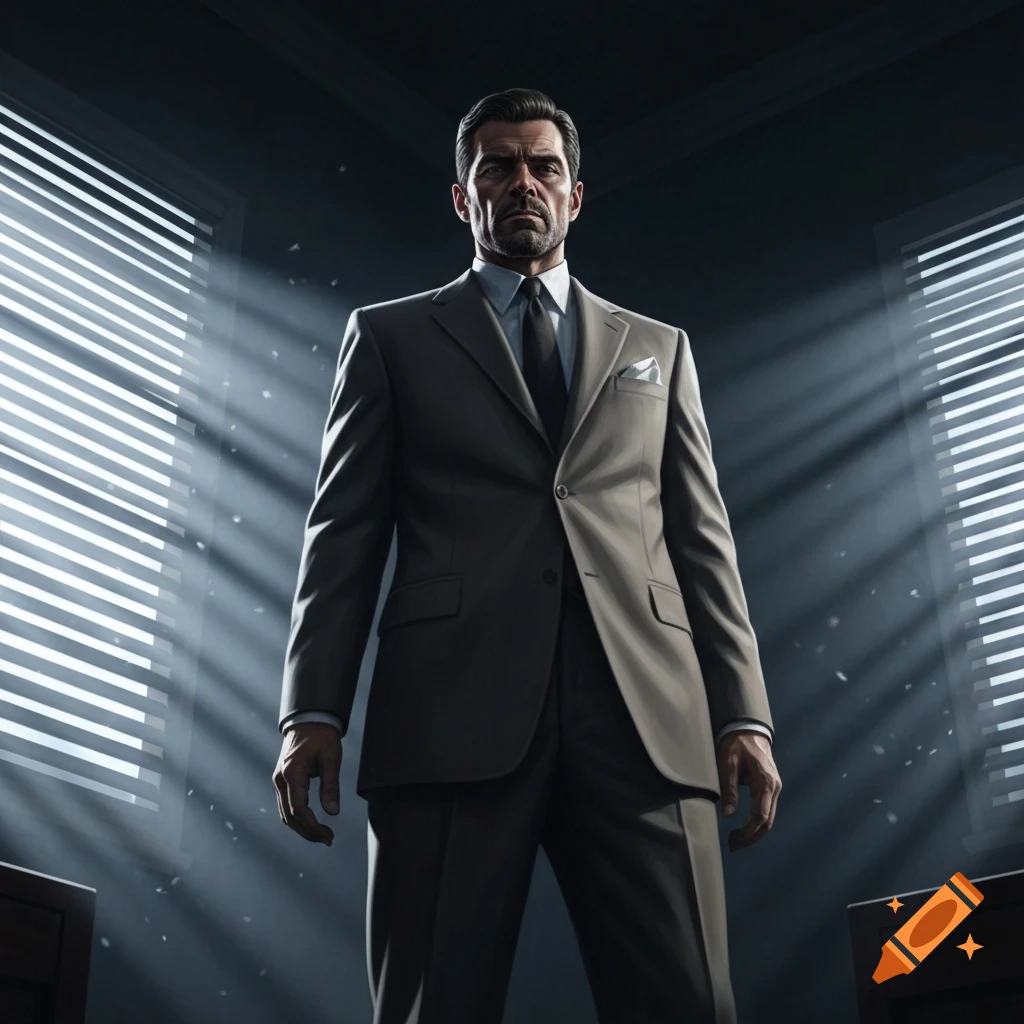 A stern man in a tailored suit stands in a dark room with dramatic light streaming through blinds.