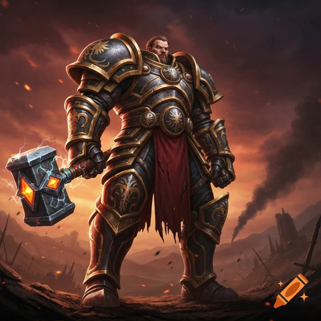 A heavily armored fantasy warrior stands on a desolate battlefield, holding a large, glowing hammer, in a digital art style.