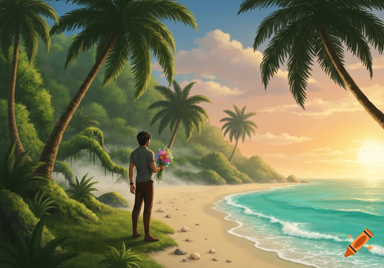 A man holding a colorful bouquet stands on a sandy tropical beach with palm trees at sunset.