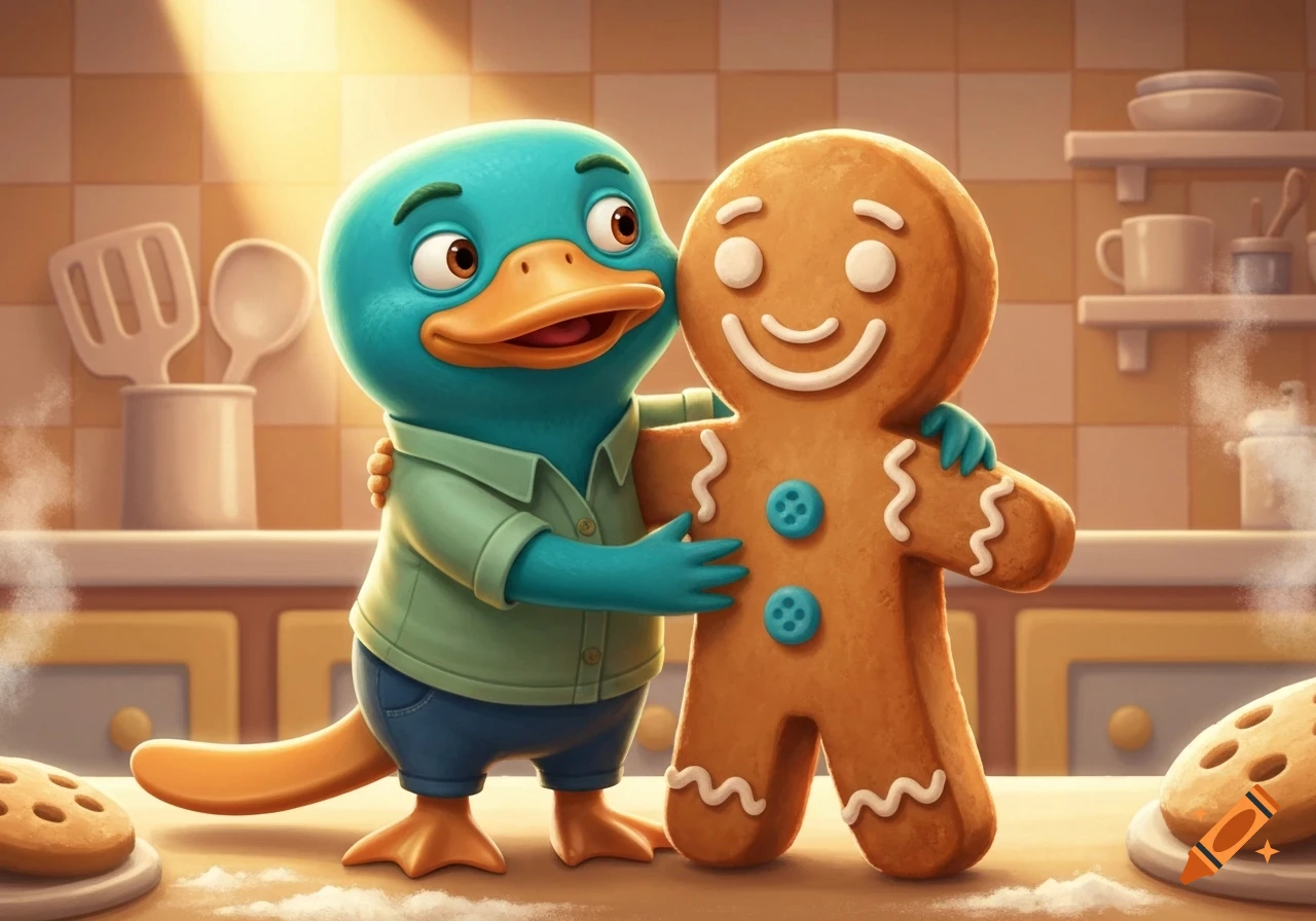 A blue-green platypus character in a shirt and pants embraces a smiling gingerbread man in a sunlit kitchen.