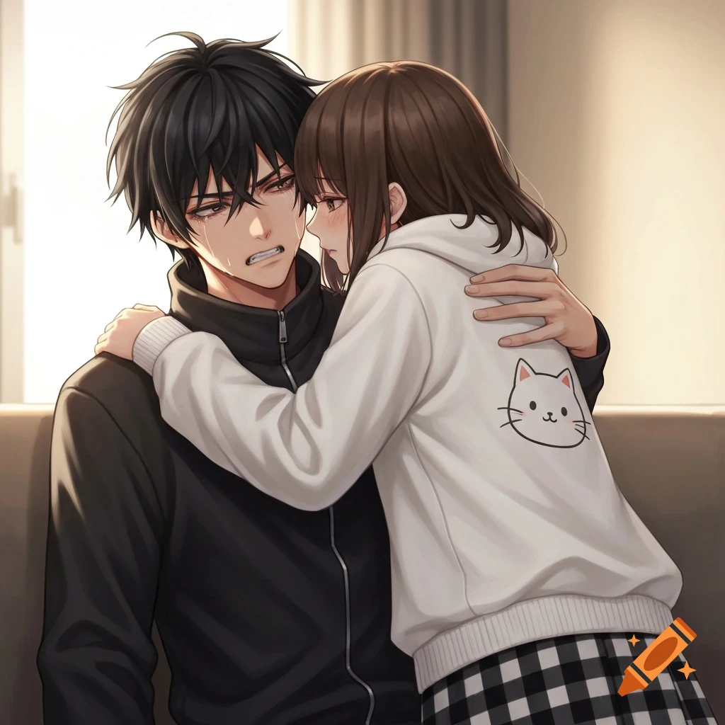 Anime scene of a crying man in a black jacket being comforted by a woman in a white cat-hoodie and plaid skirt, hugging him from behind.