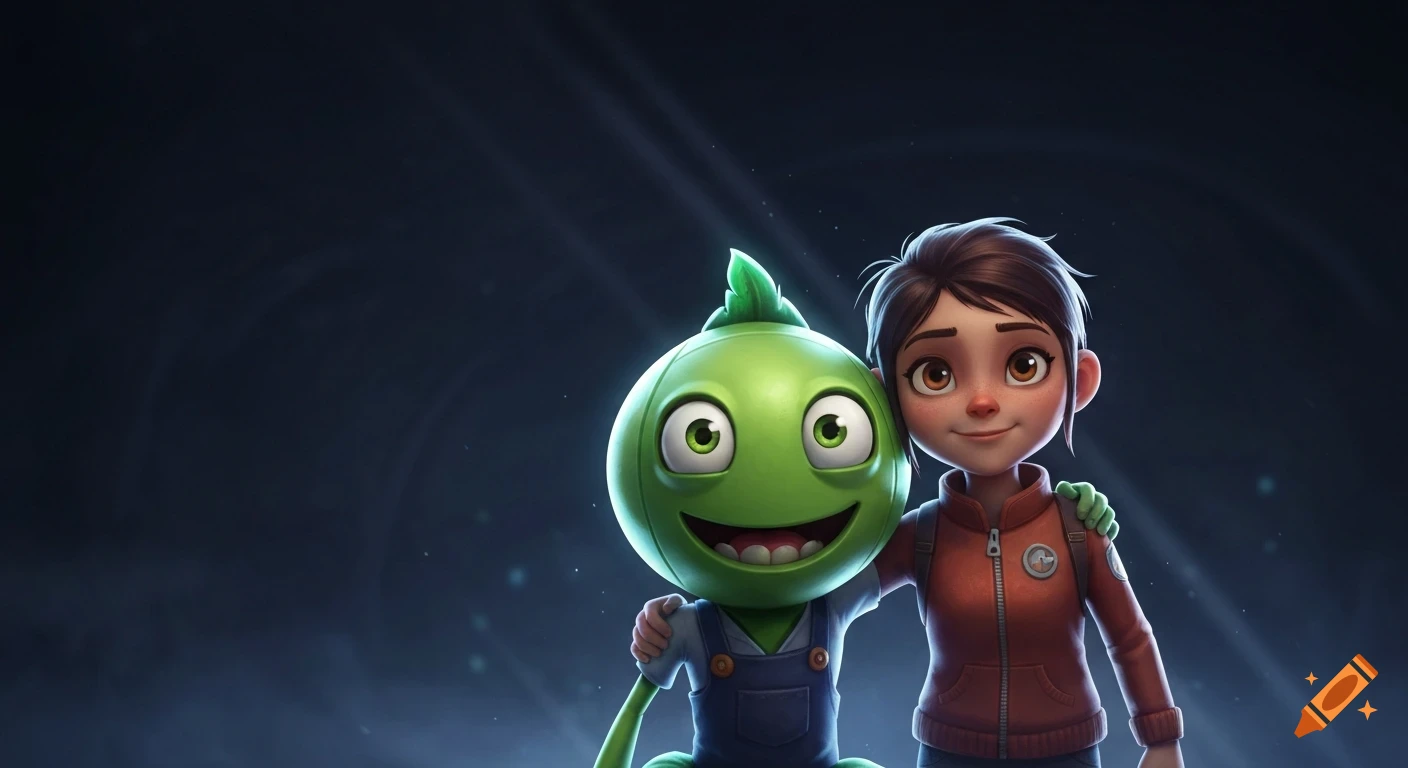 A smiling green pea-like creature in overalls and a brown-haired girl in a red jacket embrace, looking forward. Dark, smoky background.