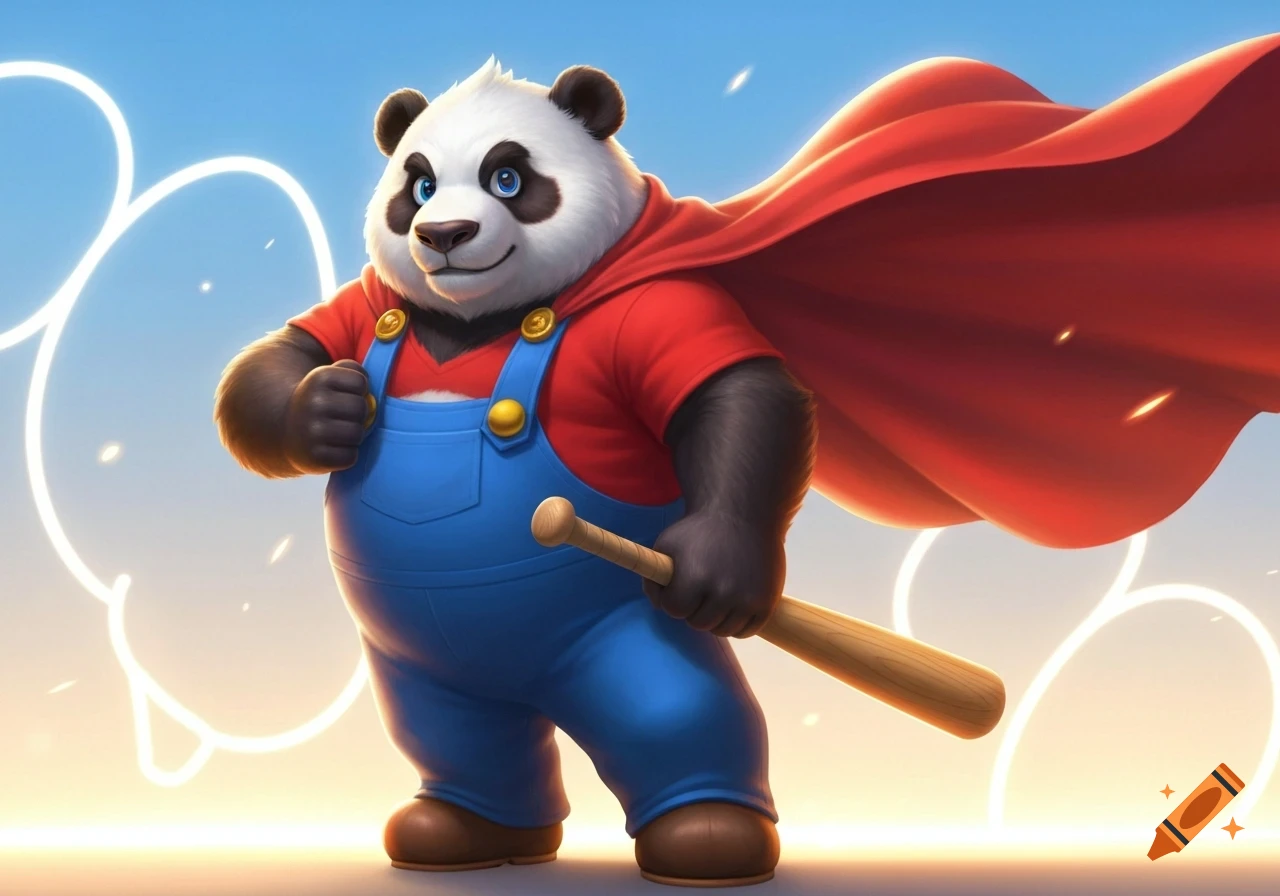 A cartoon panda in a Super Mario outfit with a red cape, holding a baseball bat, stands heroically under a bright sky.