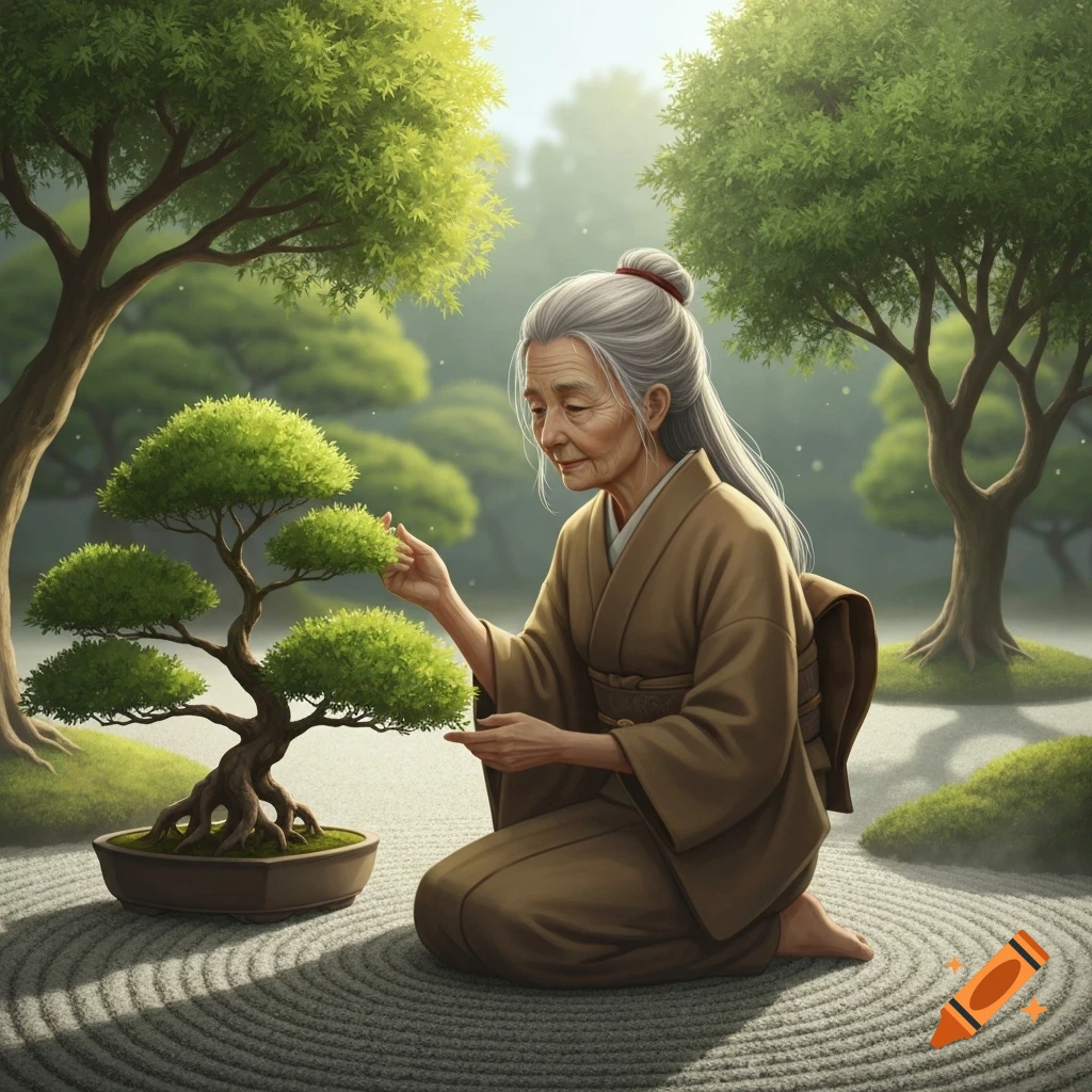An old Japanese woman in a kimono kneels in a serene garden, gently tending a bonsai tree.