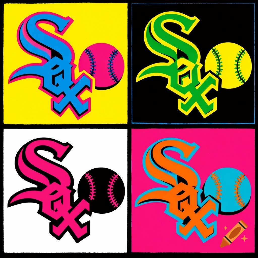 Four panels of Chicago White Sox 'SX' logo and baseball in vibrant pop art colors, Andy Warhol style.