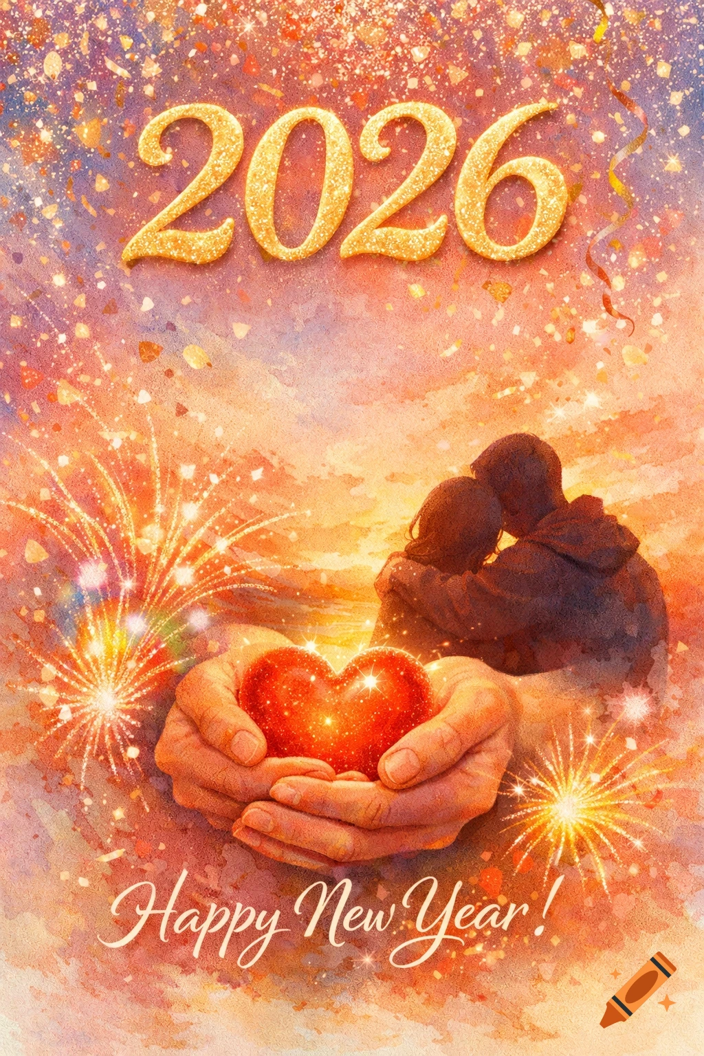 A glittery New Year's card for 2026, with hands holding a sparkling heart, fireworks, and a couple embracing, styled as a watercolor painting.
