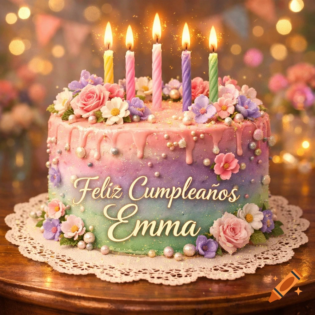 A pastel rainbow birthday cake decorated with flowers, pearls, and five lit candles, with "Feliz Cumpleaños Emma" written on it, on a lace doily.