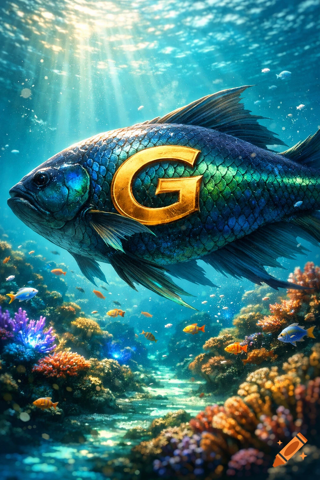 A giant, iridescent fish with a golden letter 'G' on its side swims through a vibrant coral reef under sunlit water.